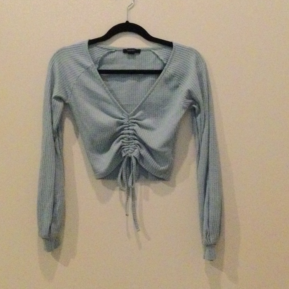 Light Blue Ruched V-Neck Long Sleeve Top